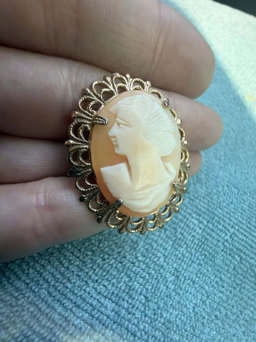 Vintage Left-Facing Carved Shell Cameo Brooch in Gold-Tone Filigree Setting